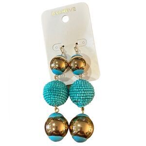 NWT Evereve Gold Tone & Turquoise Beaded Drop Earrings 3” Statement